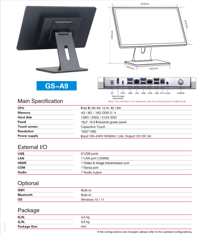 Configuration de position A9 18,5 pouces