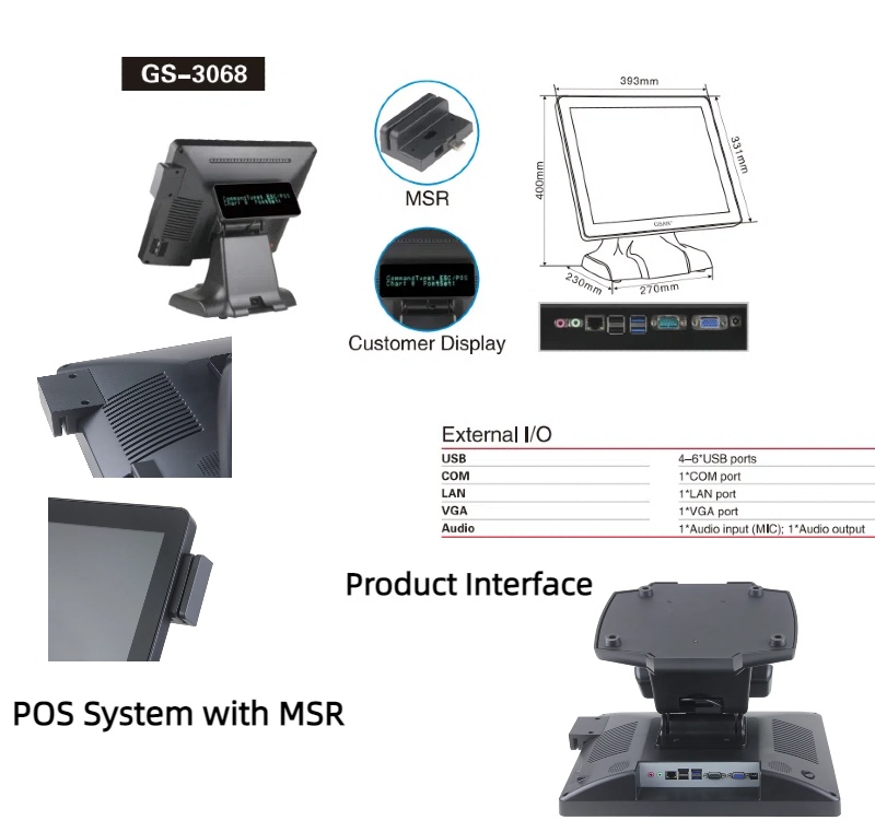 Taille et interface du système de point de vente à écran tactile 3068